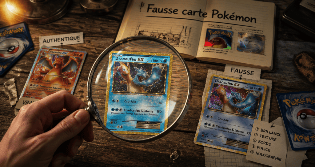 carte pokemon fausse examinée sous loupe