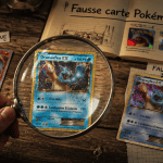 carte pokemon fausse examinée sous loupe