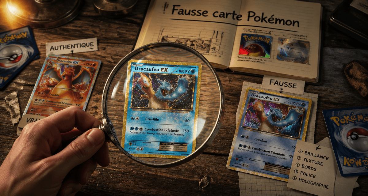 carte pokemon fausse examinée sous loupe
