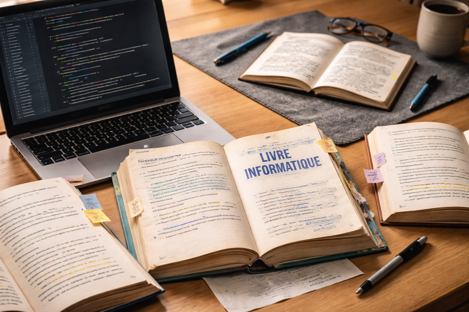 livre informatique ouvert avec ordinateur et code