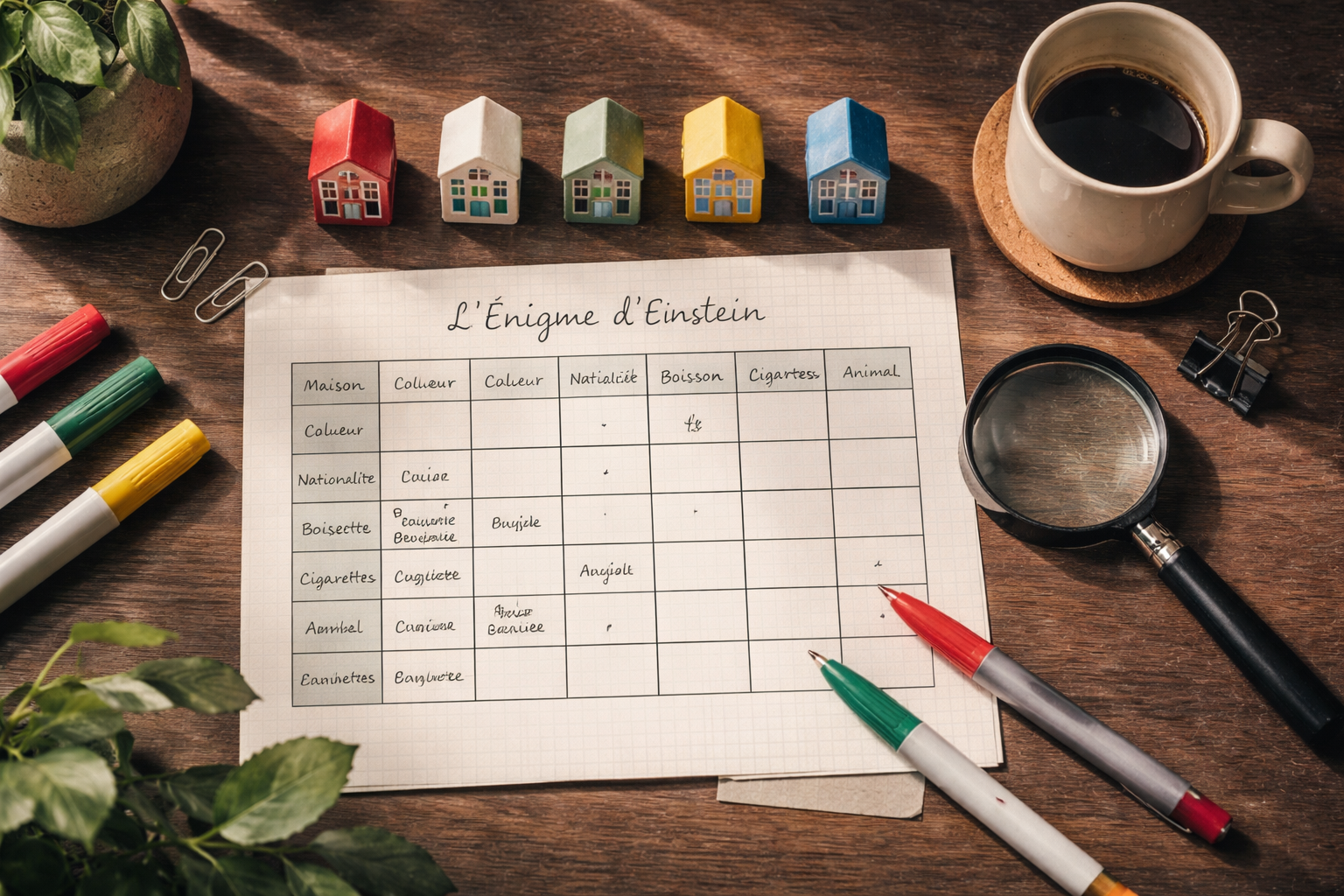 énigmes d'einstein bureau et maisons miniatures