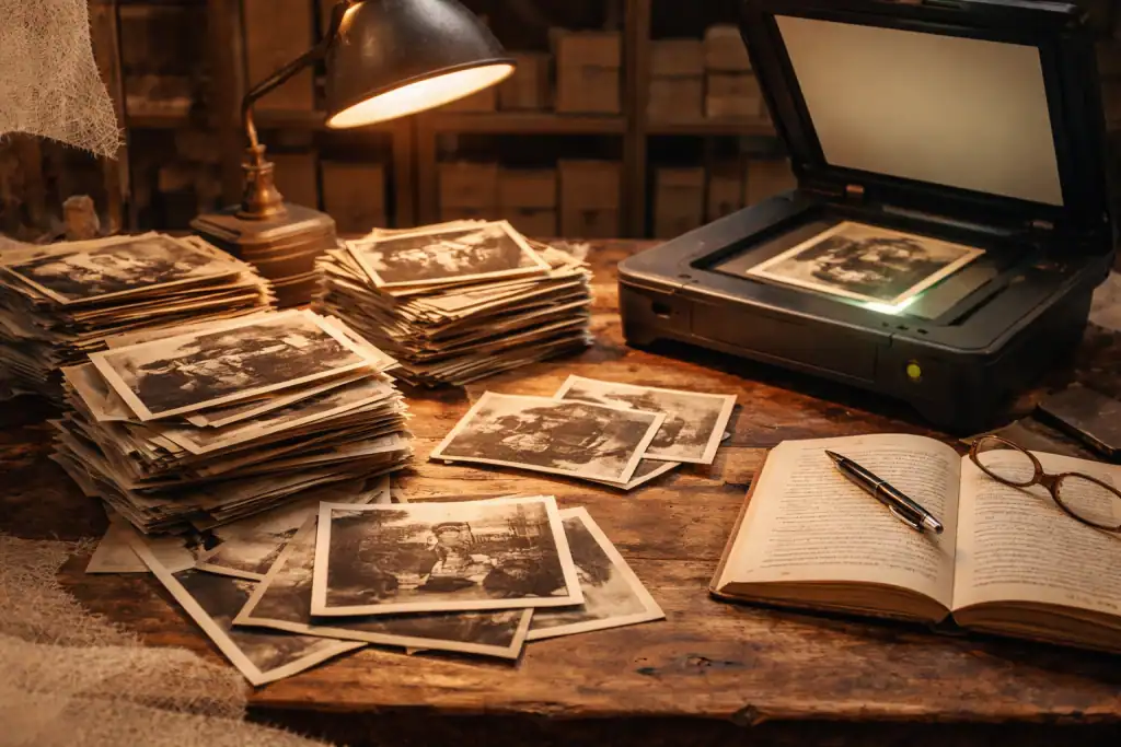 que faire des vieilles photos de famille sur table en cours de tri et numérisation