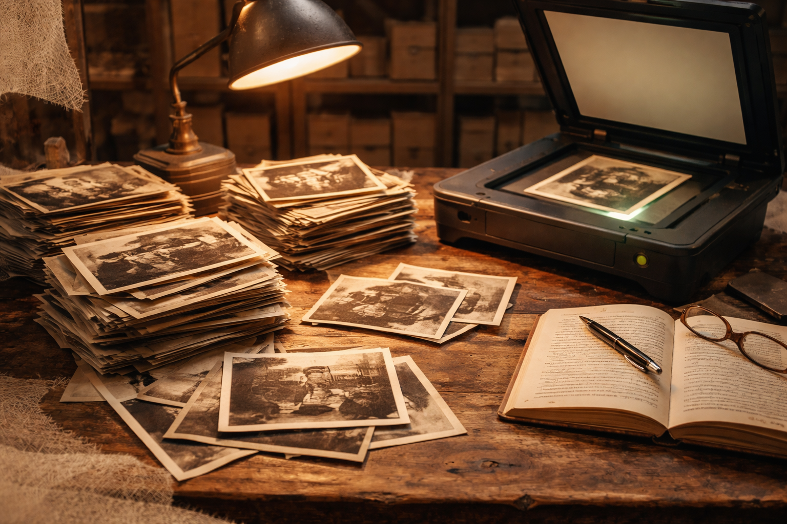 que faire des vieilles photos de famille sur table en cours de tri et numérisation