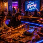 Scène animée dans un bar gaming Lyon avec consoles rétro