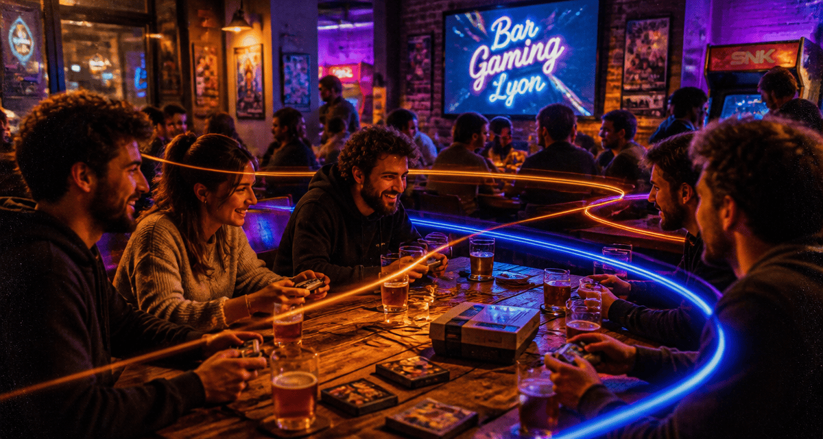 Scène animée dans un bar gaming Lyon avec consoles rétro