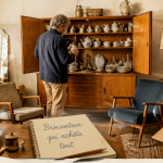 brocanteur qui achète tout examinant buffet vintage