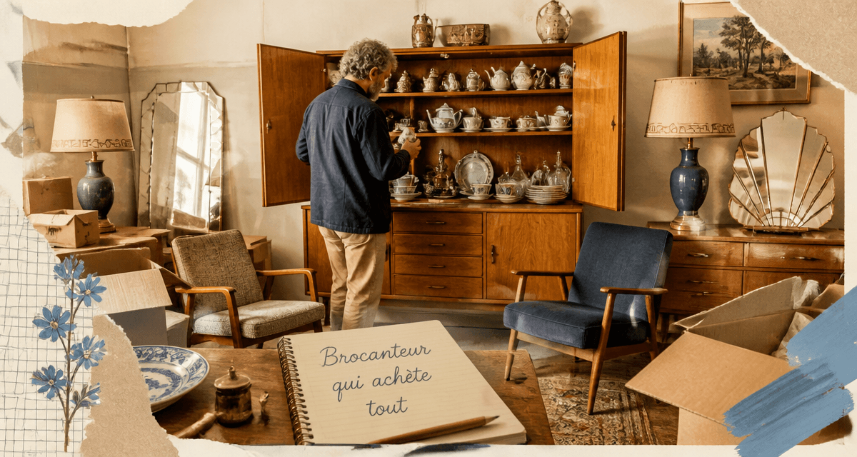 brocanteur qui achète tout examinant buffet vintage