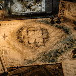 Carte de jeu de rôle battle map, figurines et dés sur table