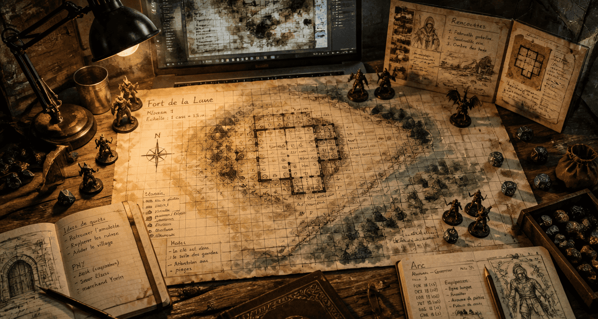 Carte de jeu de rôle battle map, figurines et dés sur table