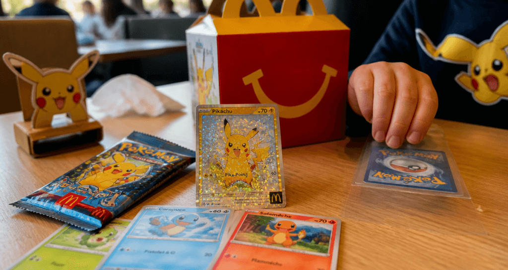 carte pokemon mcdo sur table avec booster et happy meal