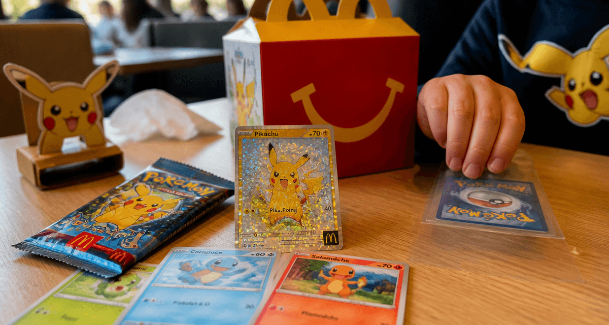 carte pokemon mcdo sur table avec booster et happy meal