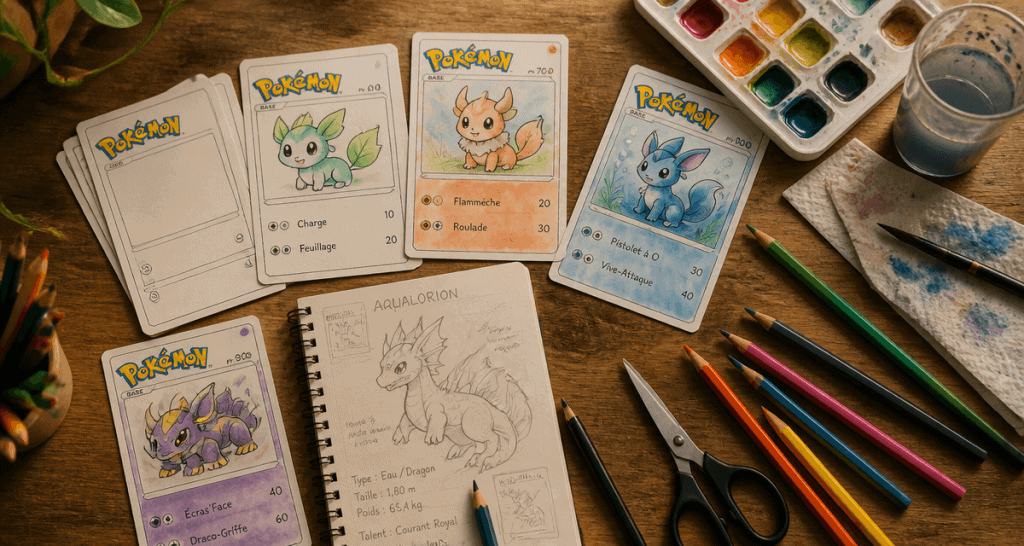 Cartes Pokemon vierges personnalisées sur table