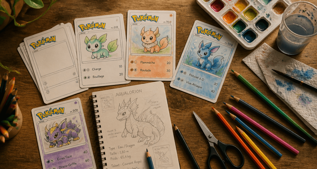 Cartes Pokemon vierges personnalisées sur table