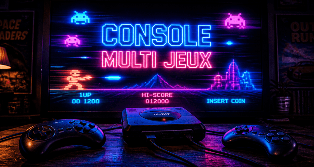 console multi jeux rétro noire avec manettes et écran arcade
