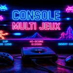 console multi jeux rétro noire avec manettes et écran arcade