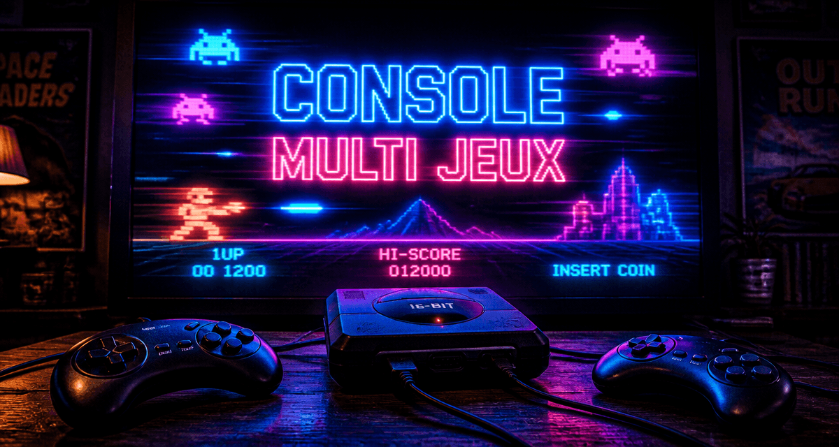 console multi jeux rétro noire avec manettes et écran arcade