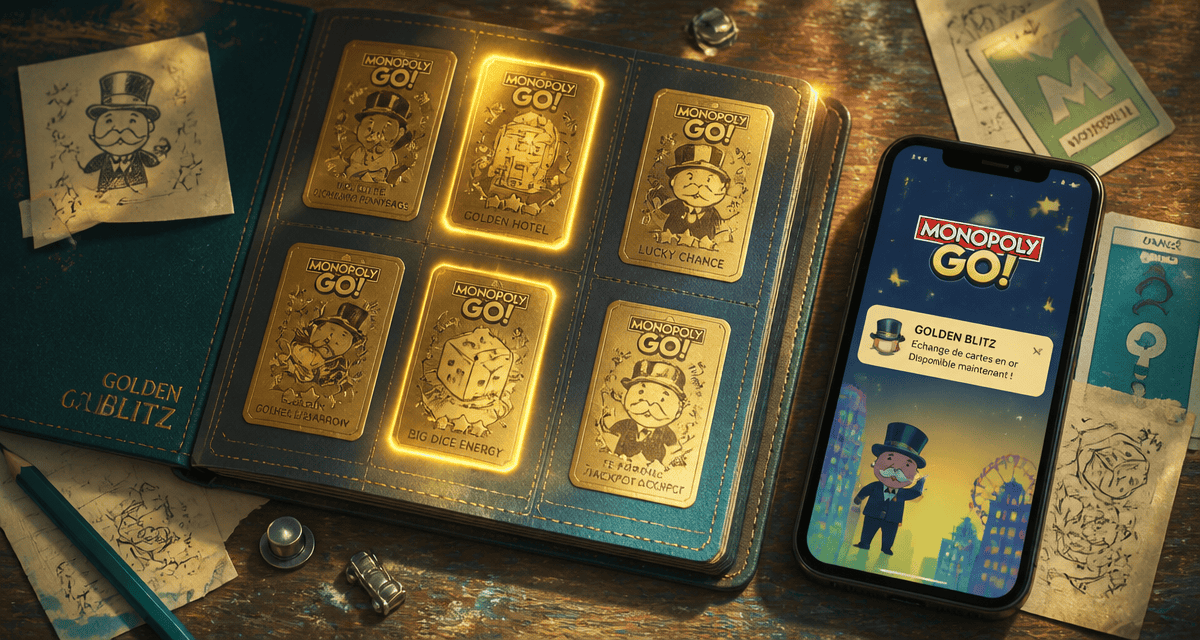 echange carte or monopoly go album ouvert smartphone golden blitz
