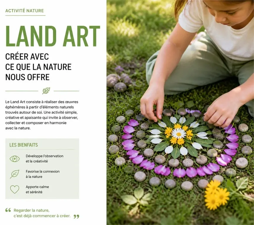 Enfant réalisant une activité de printemps créative de type Land Art dans un jardin