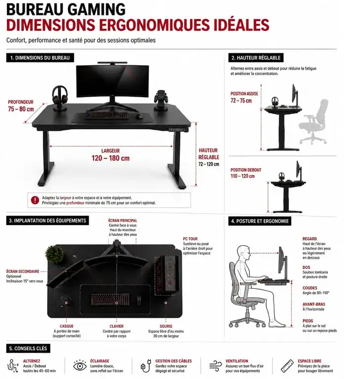 Infographie des dimensions idéales pour un bureau gaming ergonomique