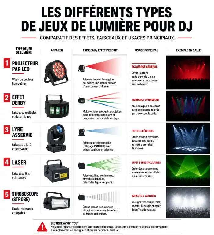 Comparatif des différents types de jeux de lumière pour DJ : PAR, Lyre, Laser et Stroboscope