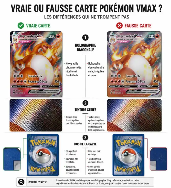 Infographie comparative pour authentifier une vraie carte Pokémon VMAX
