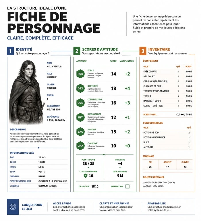 Schéma de la structure d'une fiche perso jdr optimisée pour le jeu de rôle
