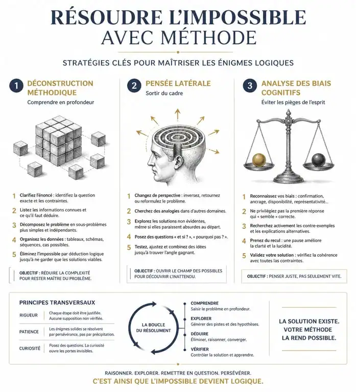 Infographie sur les stratégies de résolution d'énigmes logiques et pensée latérale