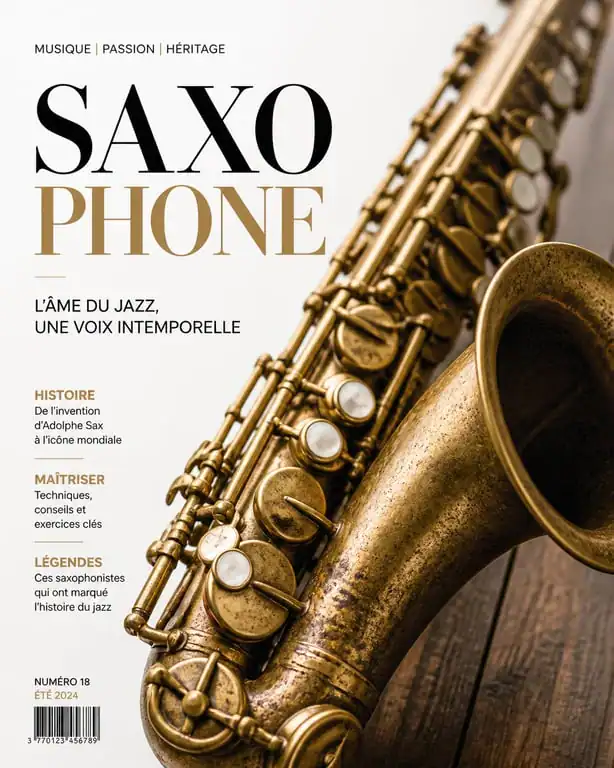 Image d'instrument de musique : saxophone vintage posé sur une table en bois