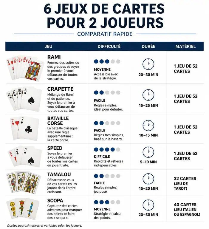 Tableau comparatif des meilleurs jeux de cartes à 2 joueurs : durée, difficulté et matériel nécessaire.