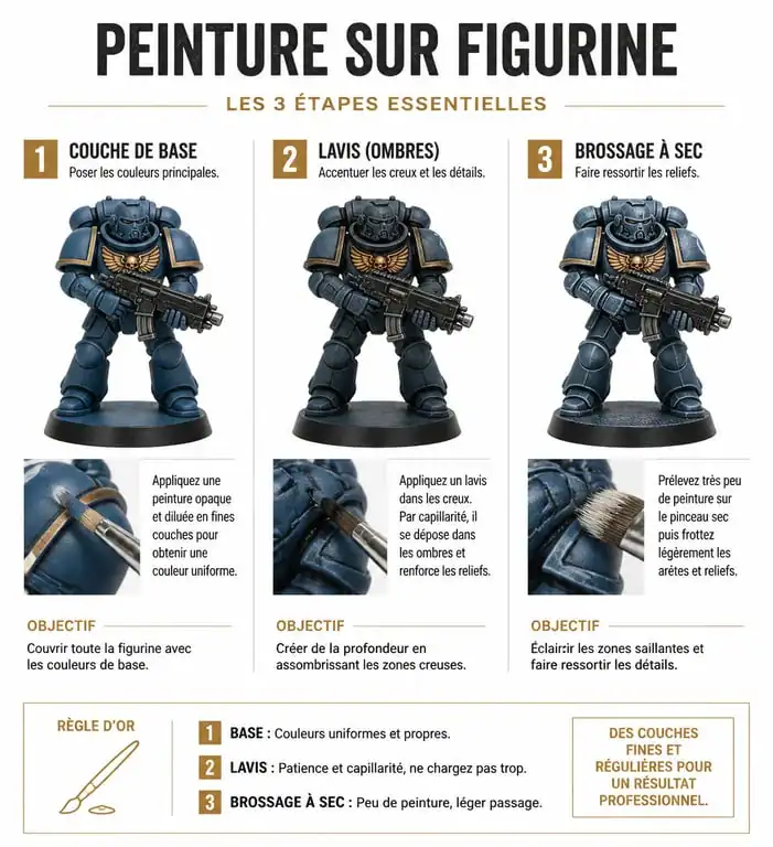 Infographie des étapes de peinture sur figurine : base, lavis et brossage à sec pour un rendu professionnel