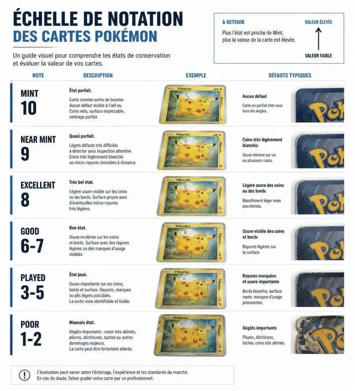 Infographie des états de conservation des cartes Pokémon Dracaufeu pour l'évaluation de prix