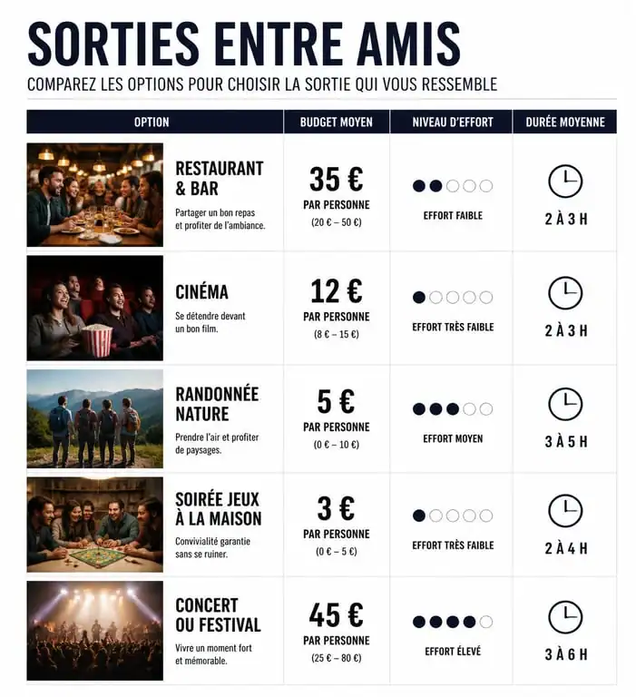 Infographie comparative des idées de sorties originales entre amis par budget et durée