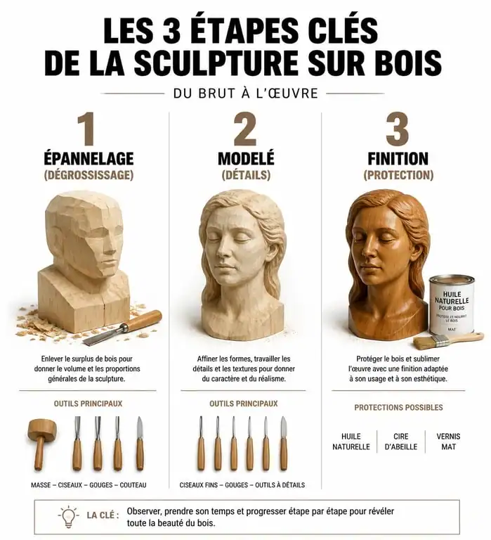 Étapes de la sculpture sur bois : épannelage, modelé et finition