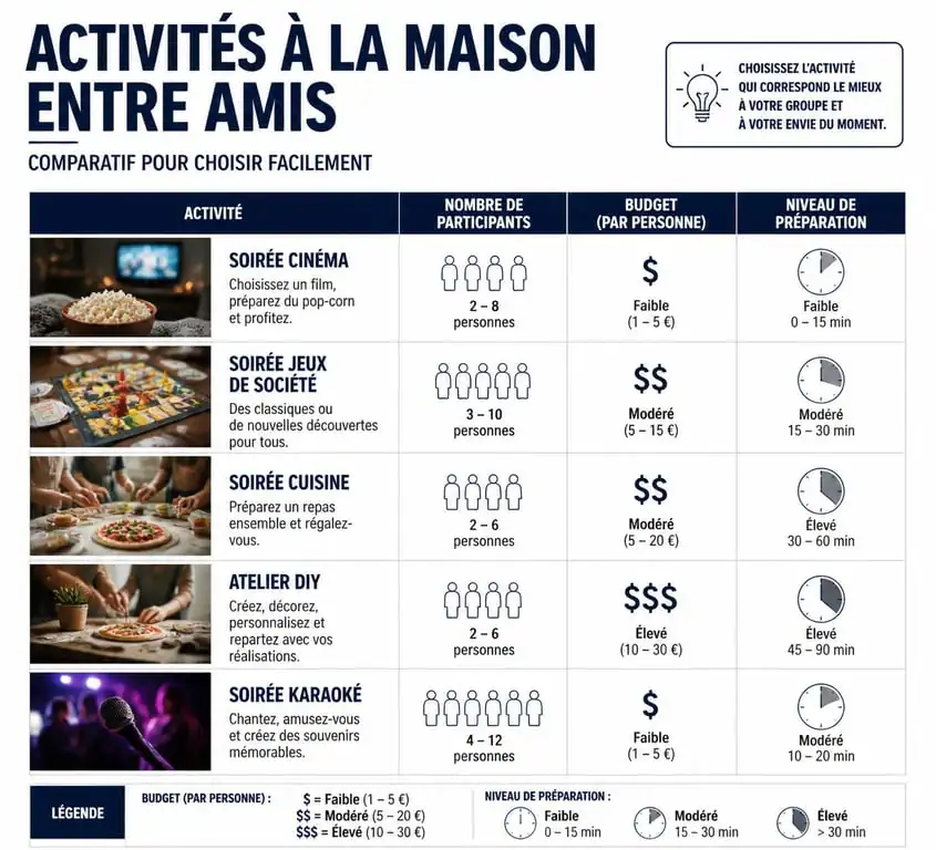 Tableau comparatif des activités à faire entre amis à la maison