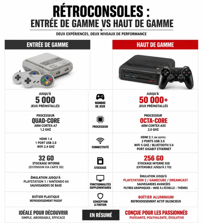 Infographie comparative des caractéristiques techniques entre une rétroconsole entrée de gamme et haut de gamme