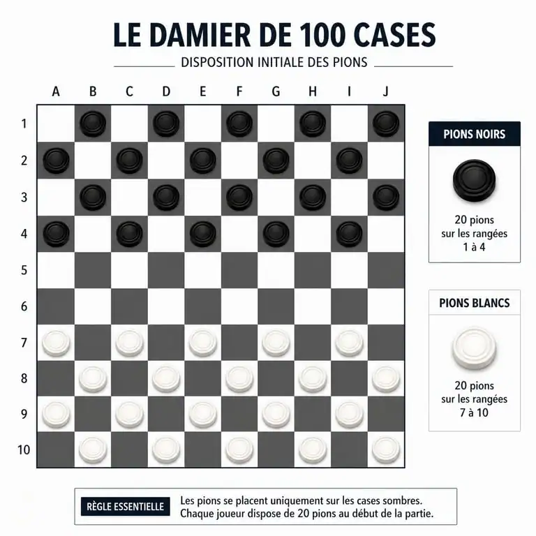 Disposition initiale des pions sur un damier de 100 cases pour les règles du jeu de dames