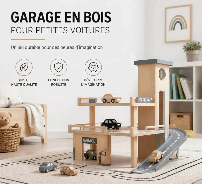 Garage voiture jouet en bois robuste dans une chambre d'enfant