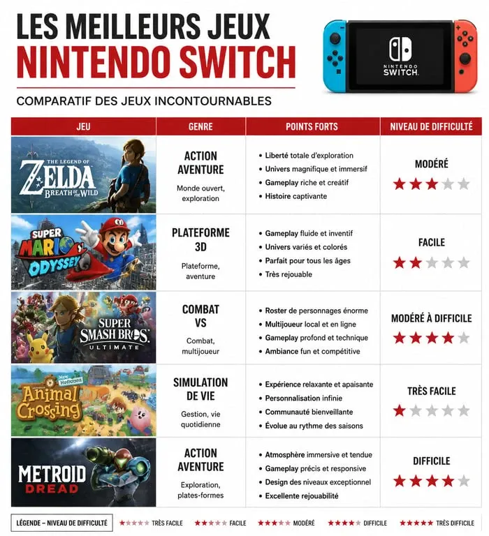 Infographie comparative des meilleurs jeux Nintendo Switch par genre et difficulté