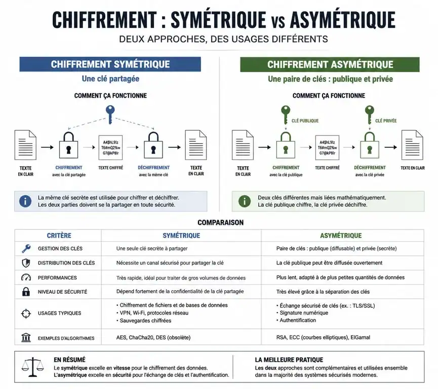 Infographie comparative des méthodes de cryptographie exemple : symétrique vs asymétrique