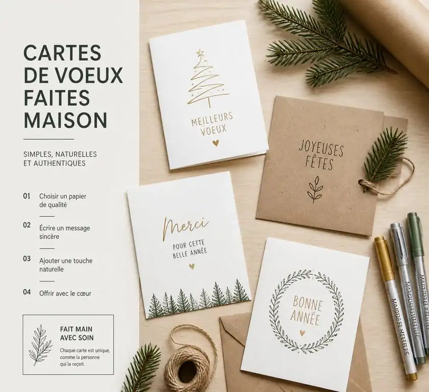 Exemple de carte de vœux maison facile réalisée avec des éléments naturels et du papier kraft