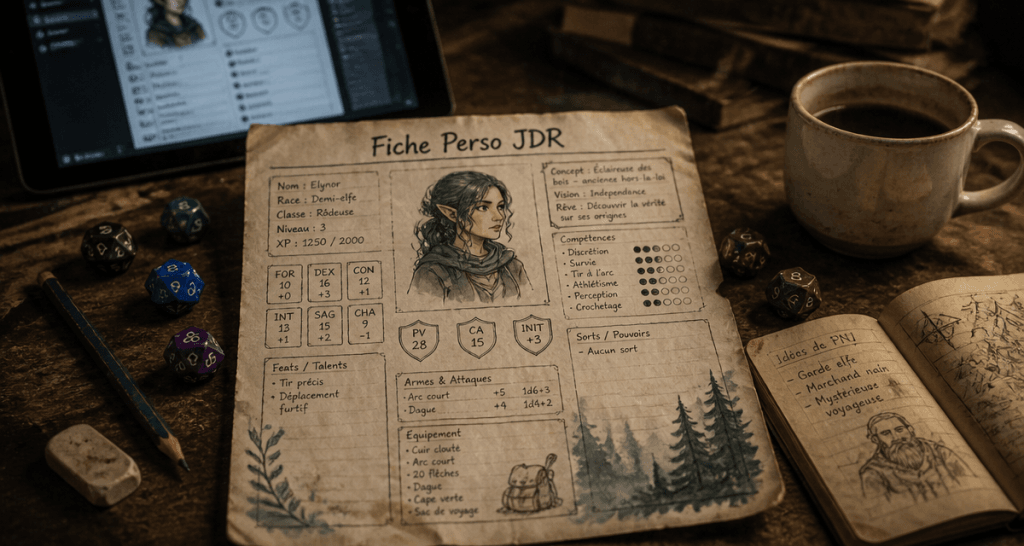 fiche perso jdr sur table avec dés et carnet