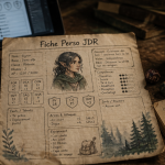 fiche perso jdr sur table avec dés et carnet