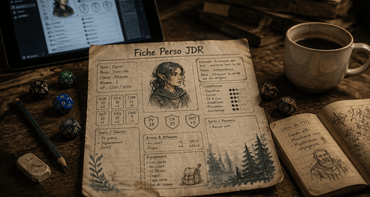 fiche perso jdr sur table avec dés et carnet