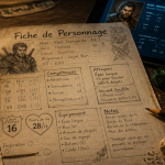 fiche personnage d sur table avec dés et crayon