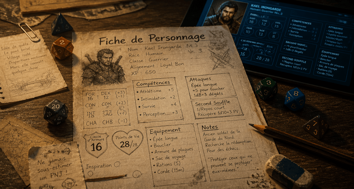fiche personnage d sur table avec dés et crayon
