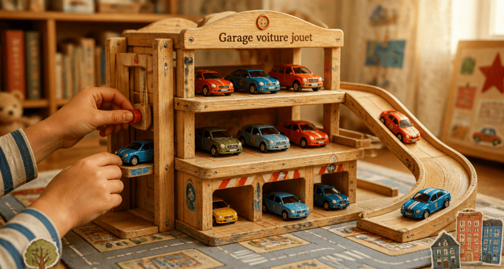 garage voiture jouet en bois avec voitures