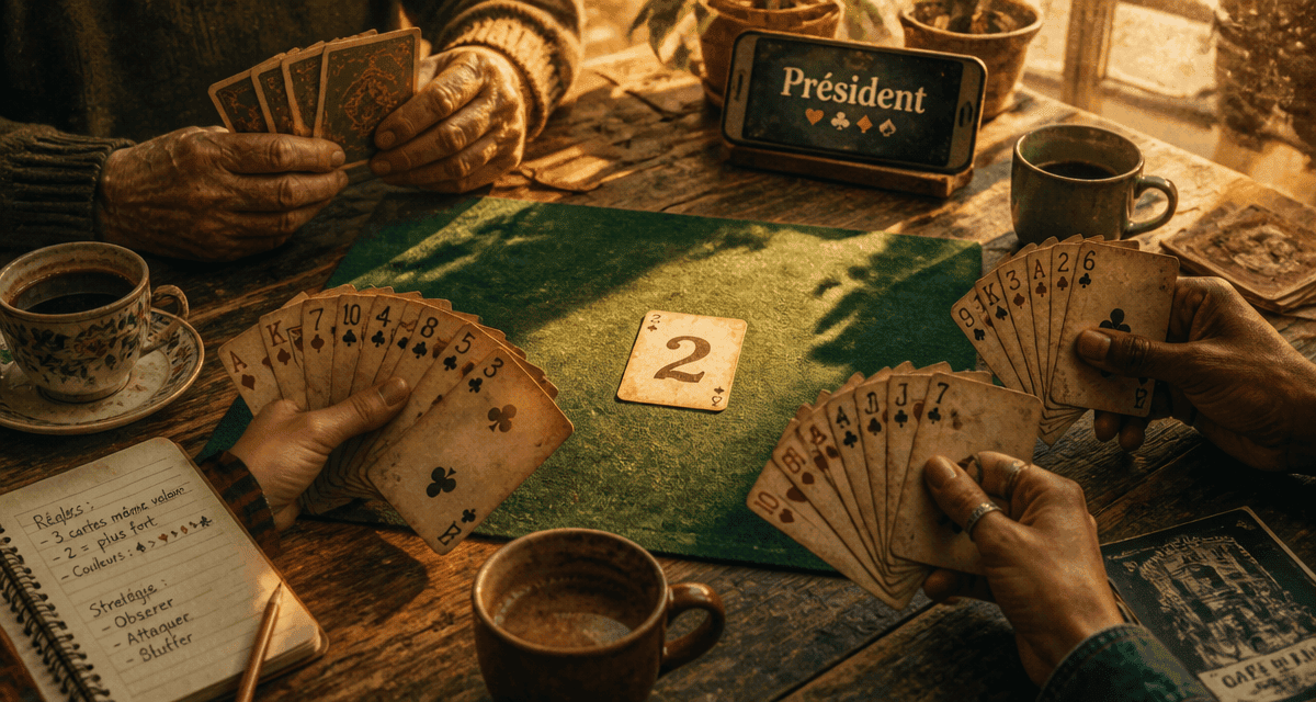 Le President jeu de cartes, mains et cartes sur table