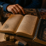 Livre dont tu es le héros sur table, dés et fiche d'aventure