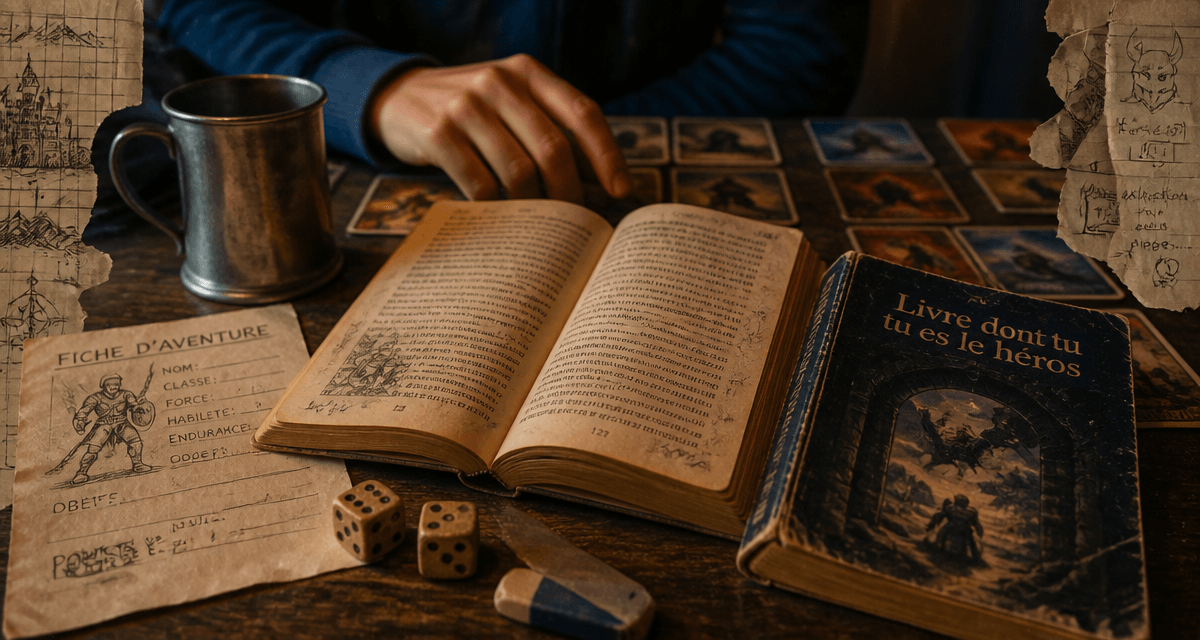 Livre dont tu es le héros sur table, dés et fiche d'aventure