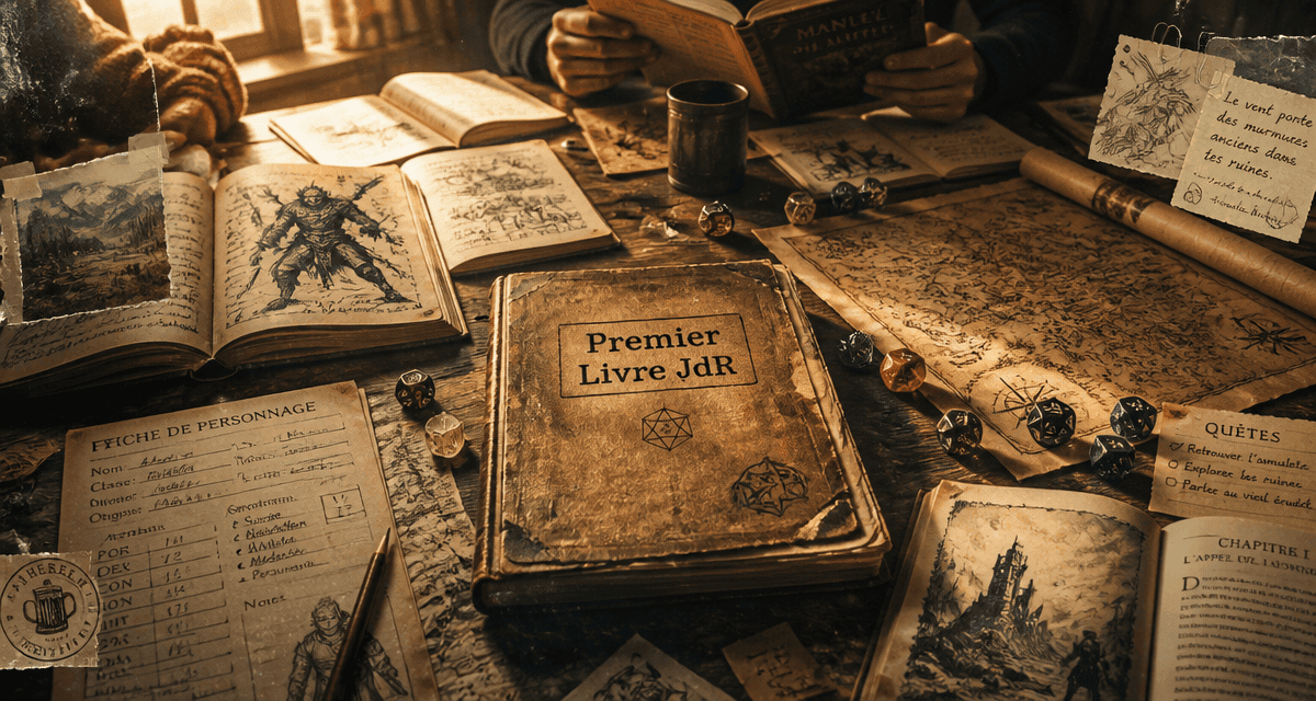 livre jeu de rôle sur table avec dés et cartes